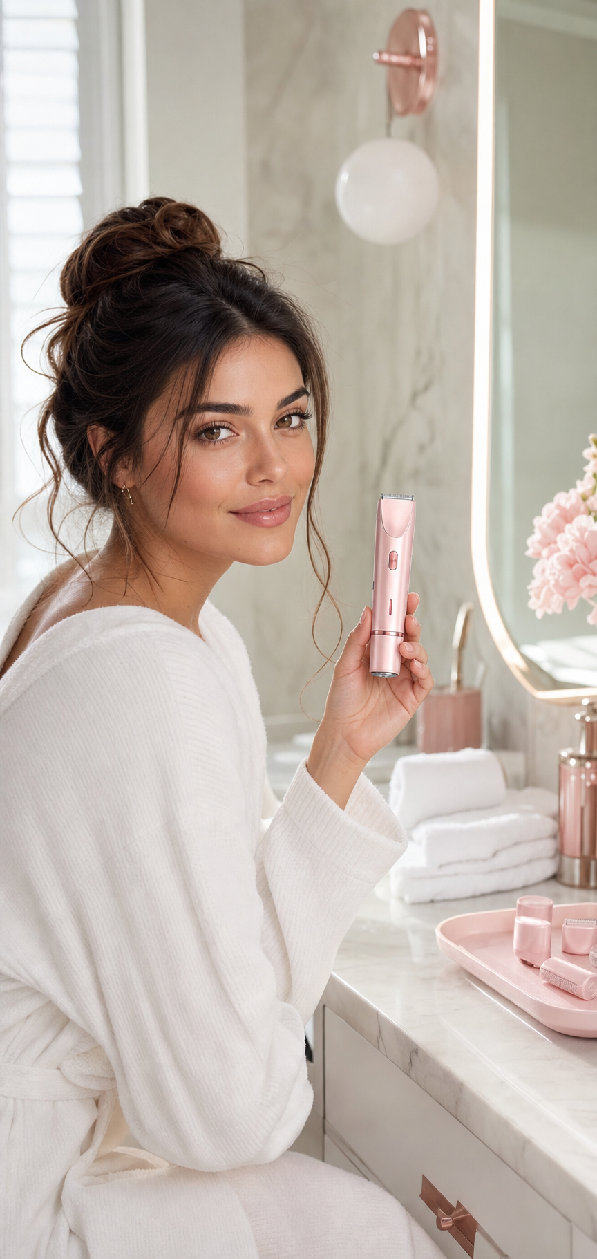 Woman holding blush pink 2-in-1 bikini-line trimmer in a bathroom vanity scene