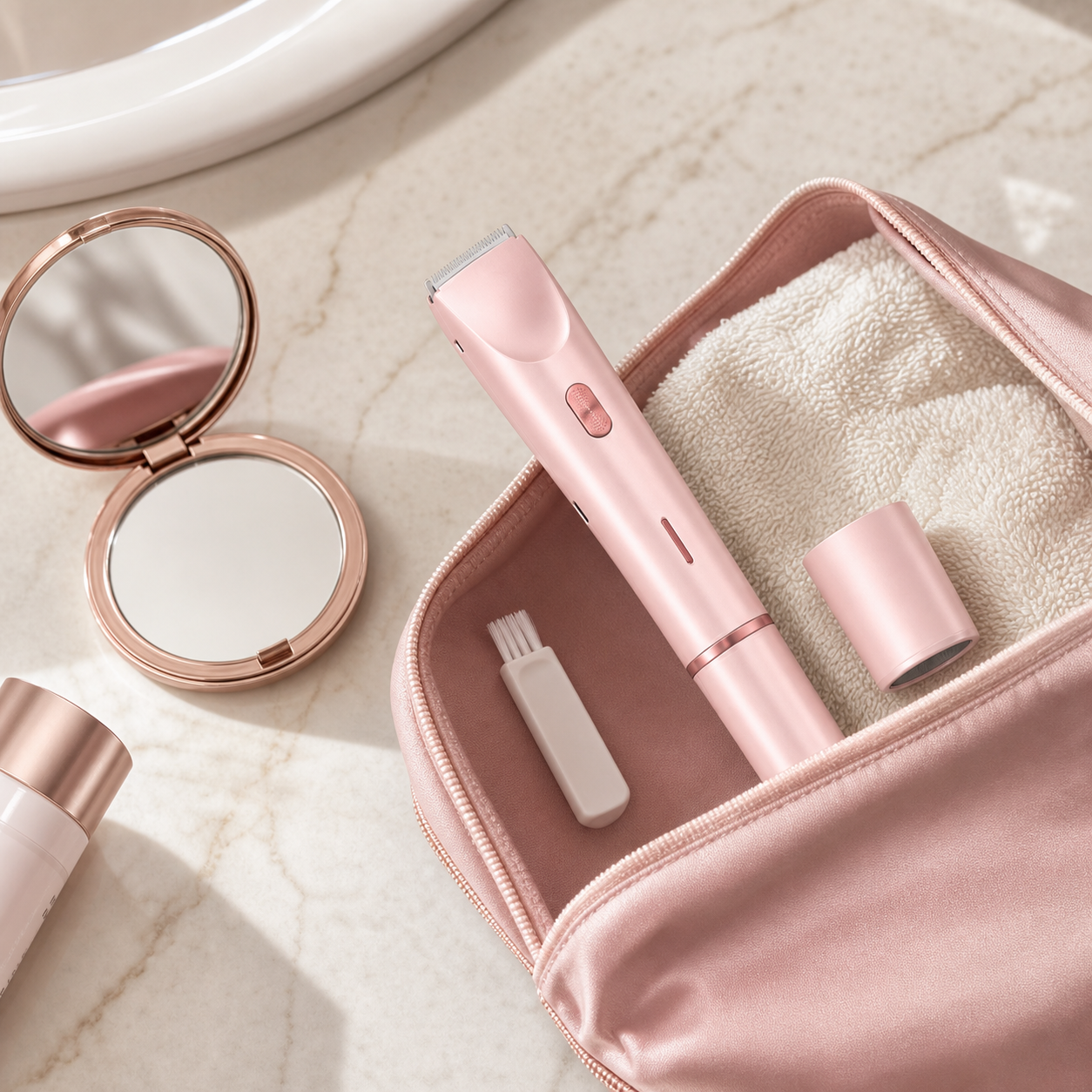 Blush pink 2-in-1 body shaver packed in a travel pouch on a cream vanity