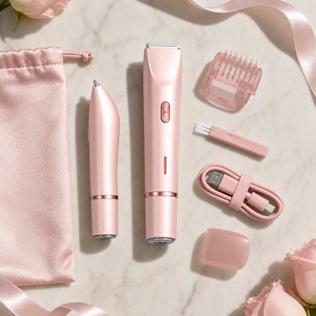 Complete blush pink 2-in-1 body shaver kit with precision head, guard, pouch, brush, cap and charging cable